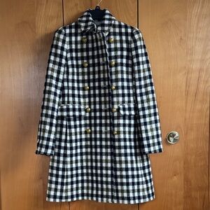 J. Crew Black, White, Olive Plaid Double-Breasted Pea Coat